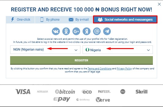 1xbet registration by social networks