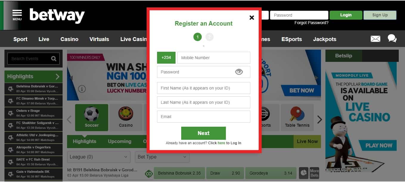 betway register an account